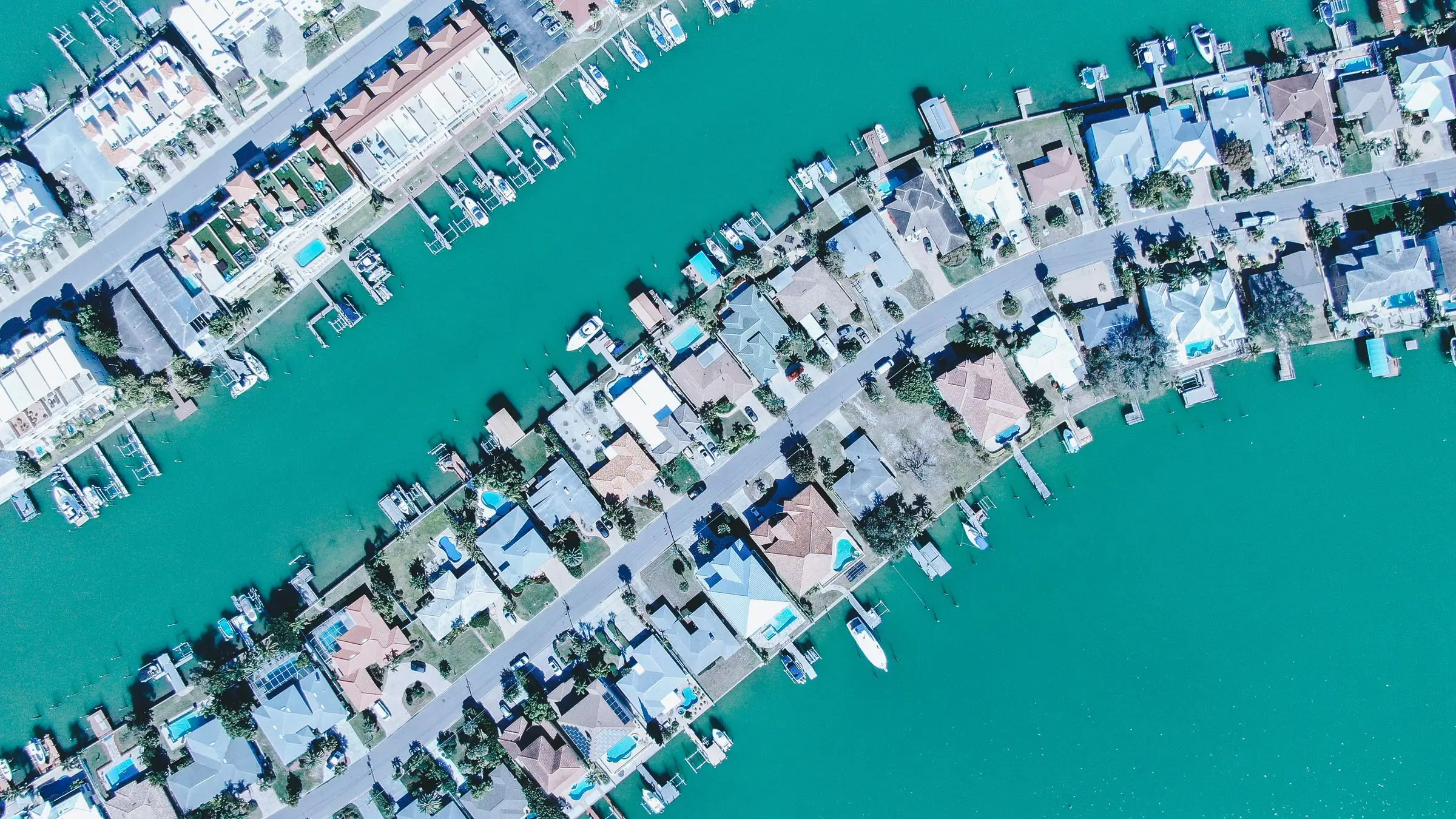 Aerial view of waterfront homes along canals