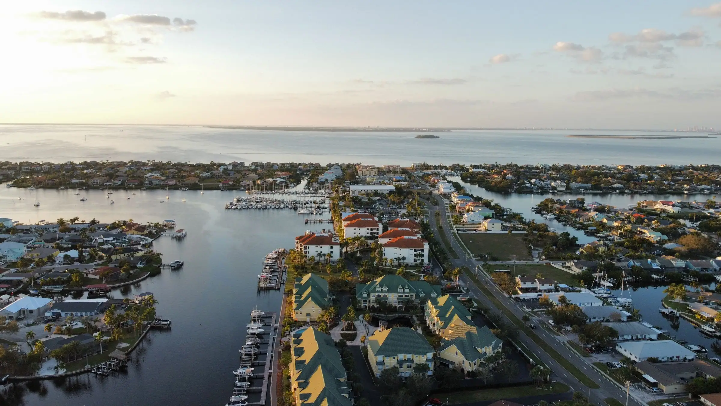 Aerial view of a Florida canal community at sunset