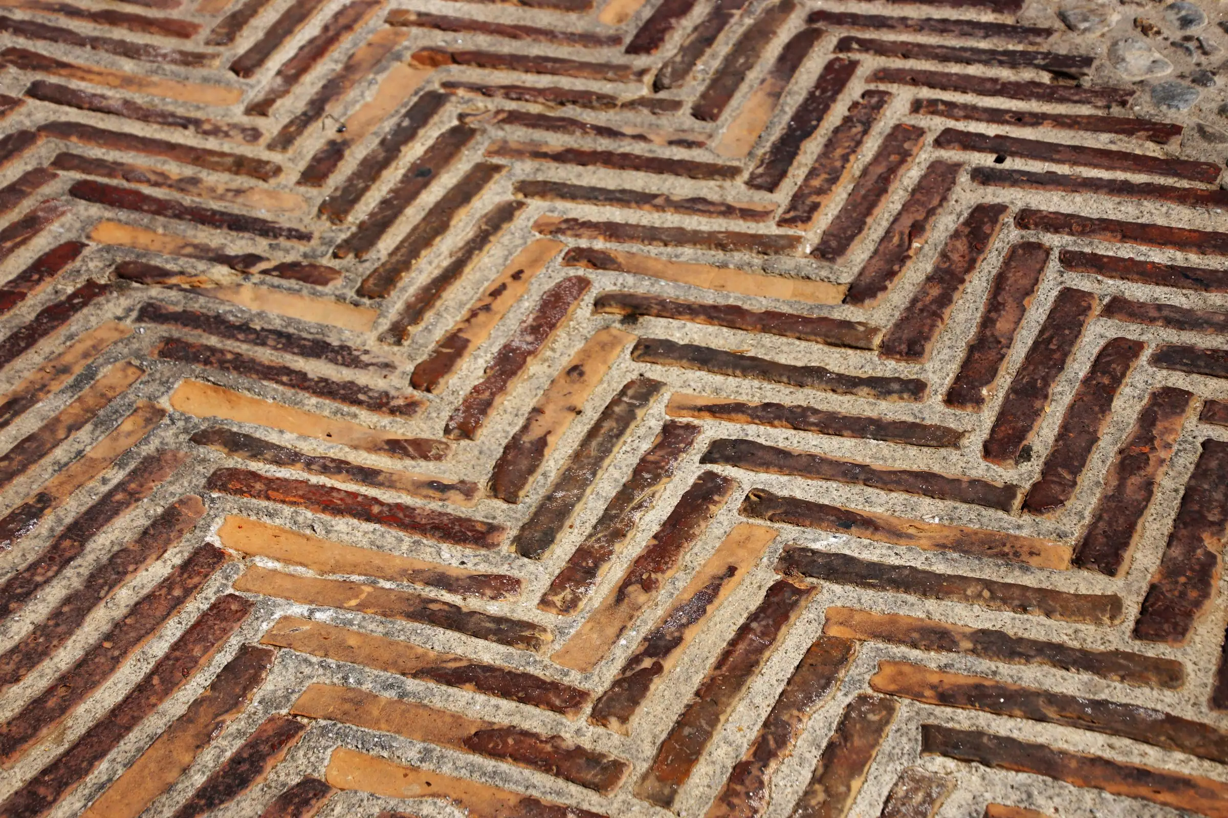 Close view of old brick pavers in a herringbone pattern